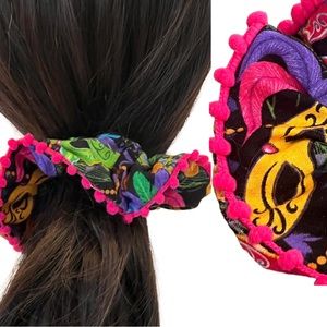 Mardi Gras Pom Pom Scrunchie, Handmade hair Tie, Christmas Stocking Stuffer Gift